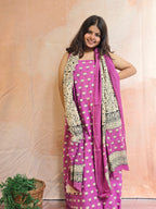 Handblock Printed Mul Cotton Dress Material Set - Purple