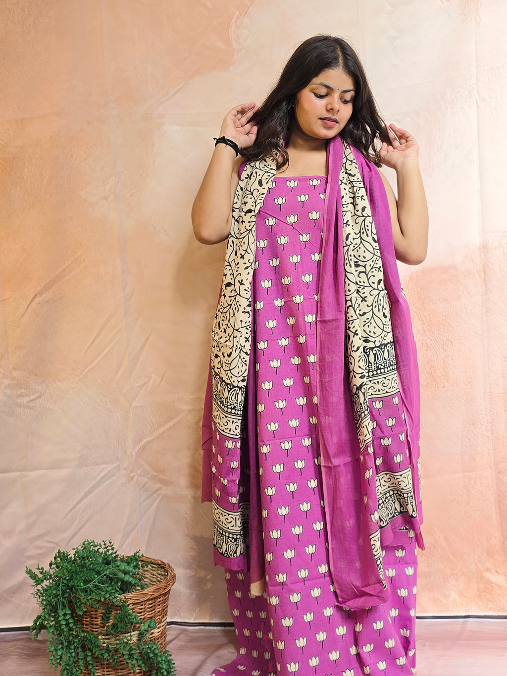 Handblock Printed Mul Cotton Dress Material Set - Purple