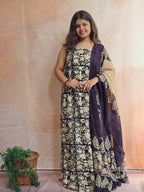 Handblock Printed Mul Cotton Dress Material Set - Black floral