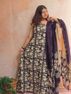 Handblock Printed Mul Cotton Dress Material Set - Black floral