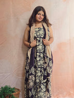 Handblock Printed Mul Cotton Dress Material Set - Black floral