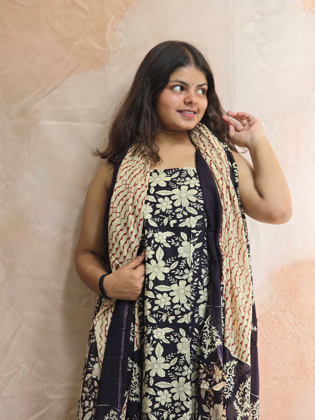 Handblock Printed Mul Cotton Dress Material Set - Black floral