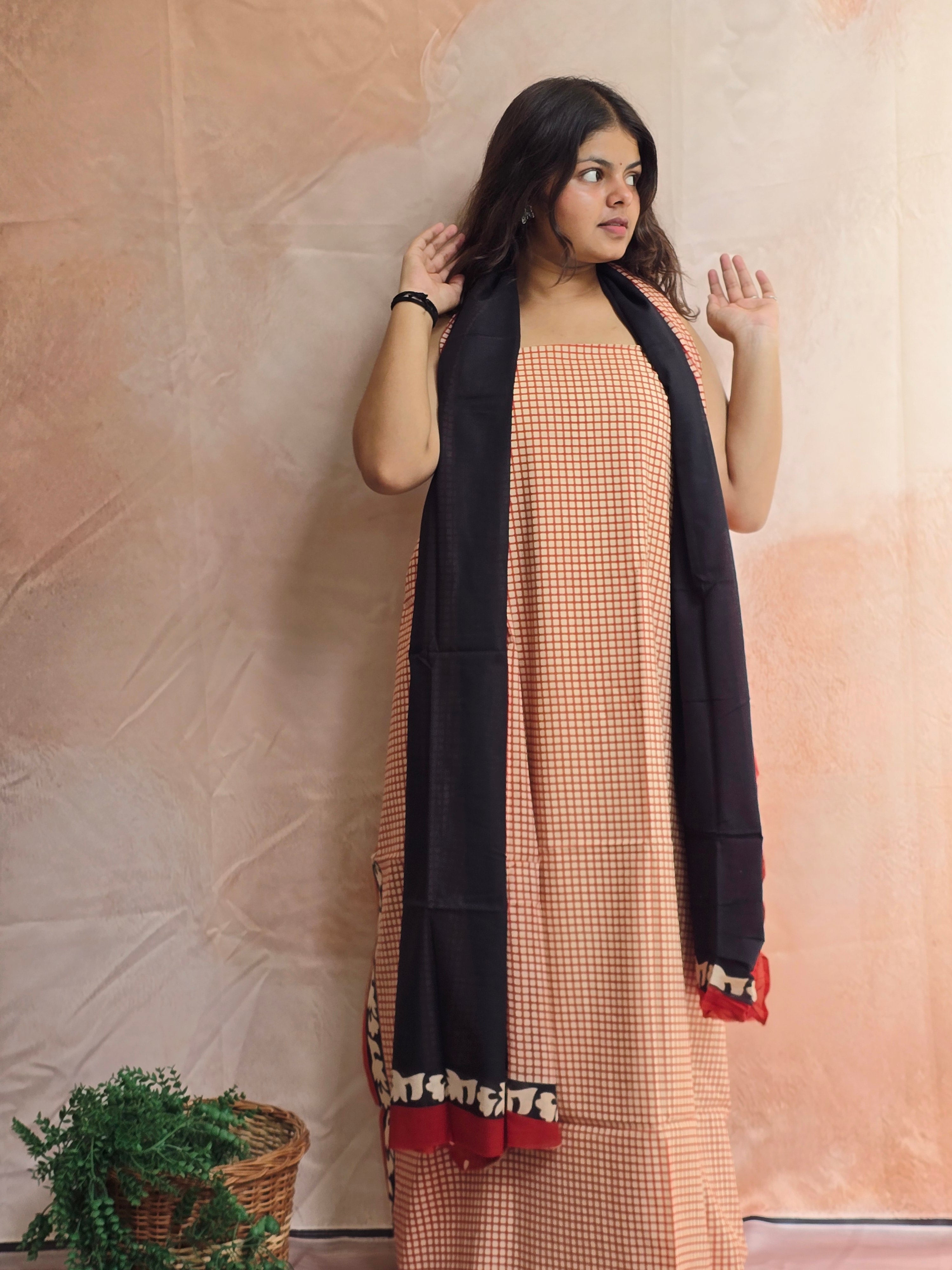Handblock Printed Mul Cotton Dress Material Set - Red Checks
