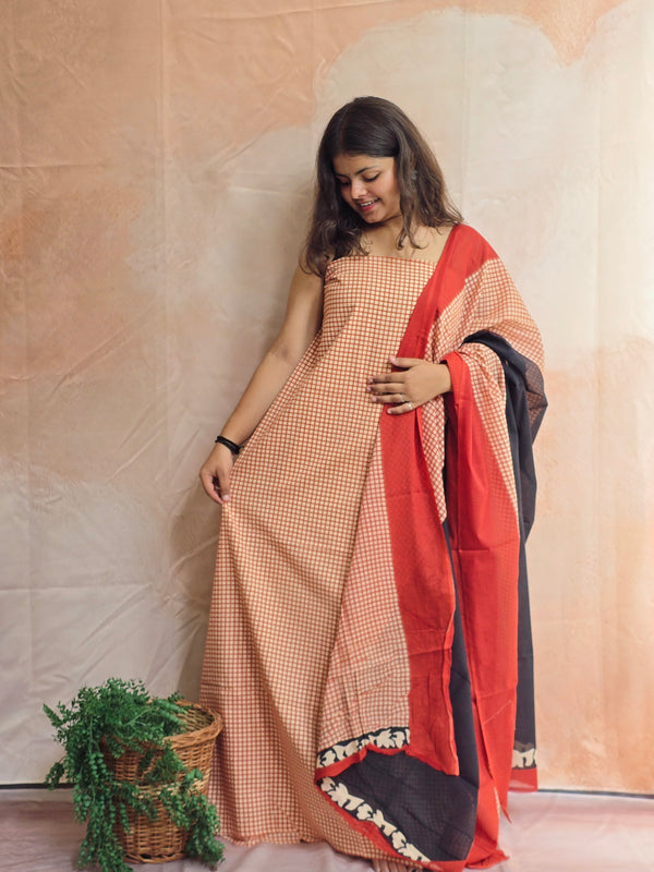 Handblock Printed Mul Cotton Dress Material Set - Red Checks