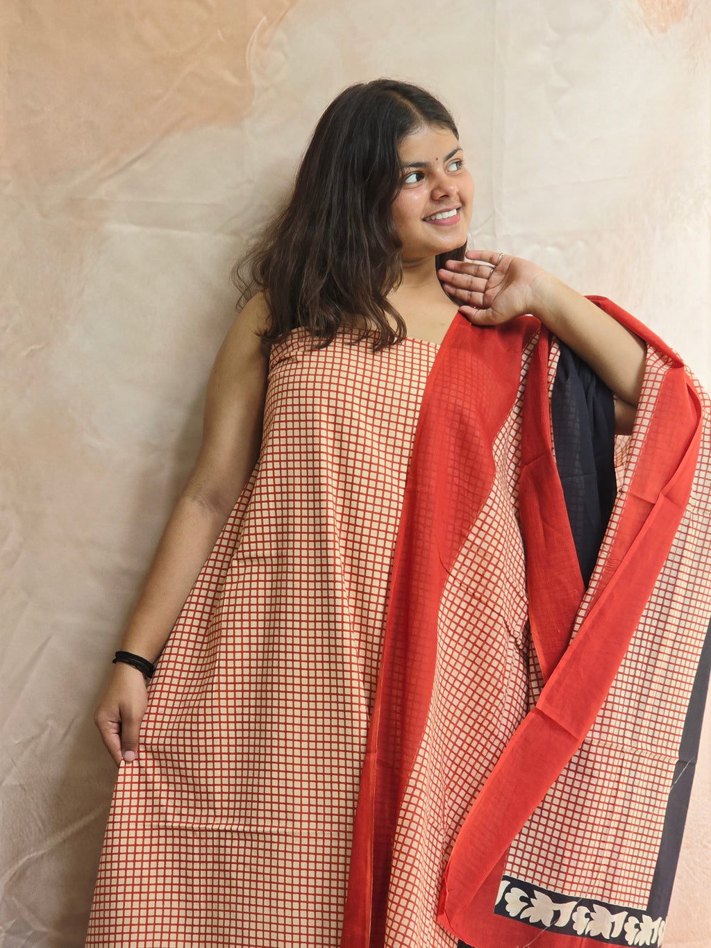 Handblock Printed Mul Cotton Dress Material Set - Red Checks