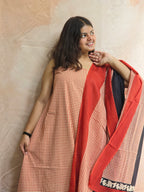 Handblock Printed Mul Cotton Dress Material Set - Red Checks