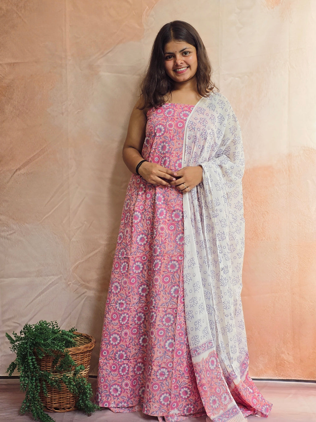 Handblock Printed Mul Cotton Dress Material Set - Pink Floral