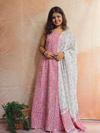 Handblock Printed Mul Cotton Dress Material Set - Pink Floral
