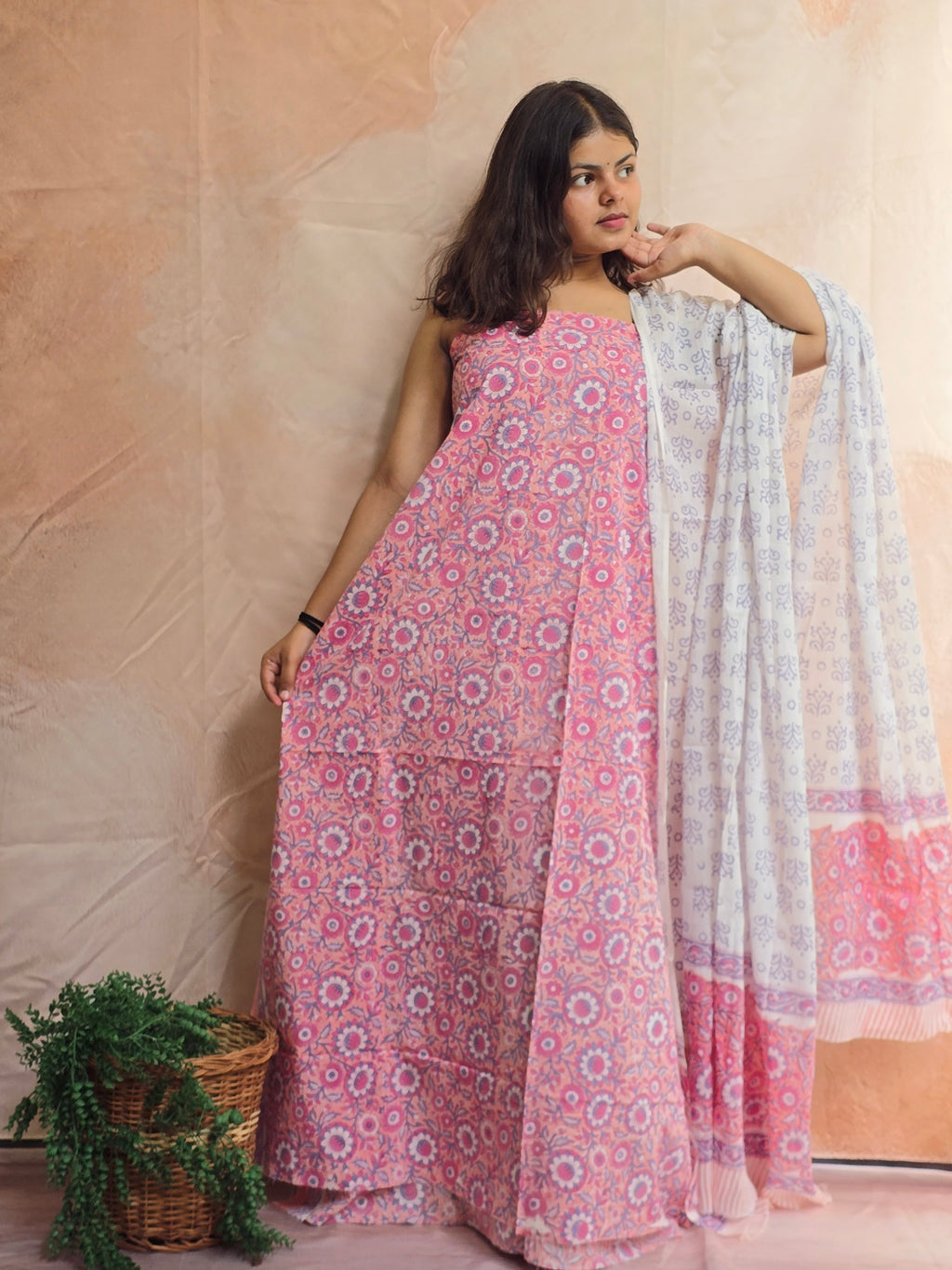 Handblock Printed Mul Cotton Dress Material Set - Pink Floral