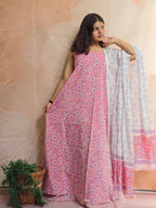 Handblock Printed Mul Cotton Dress Material Set - Pink Floral