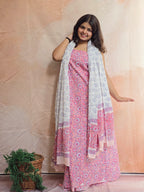 Handblock Printed Mul Cotton Dress Material Set - Pink Floral
