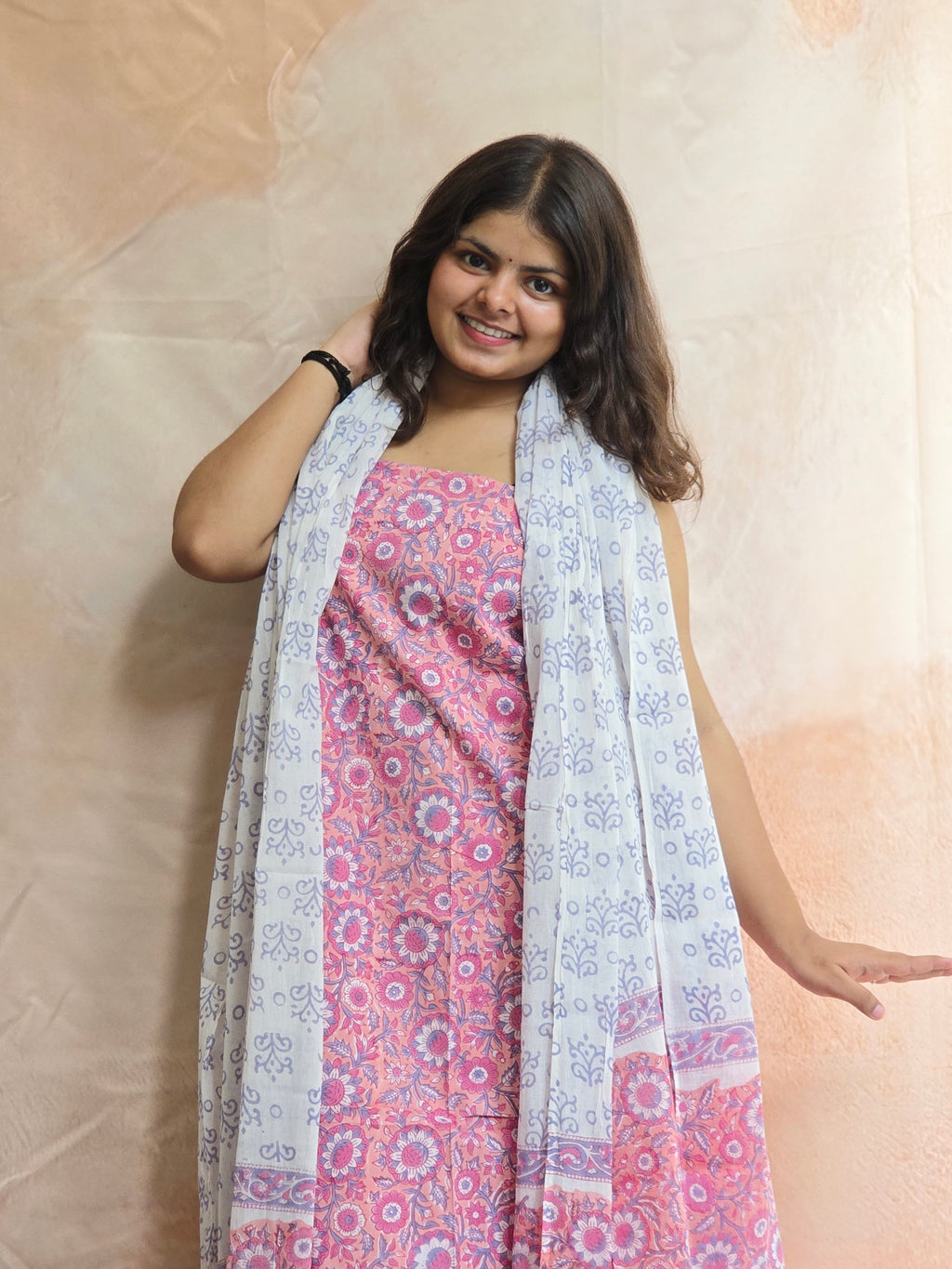 Handblock Printed Mul Cotton Dress Material Set - Pink Floral