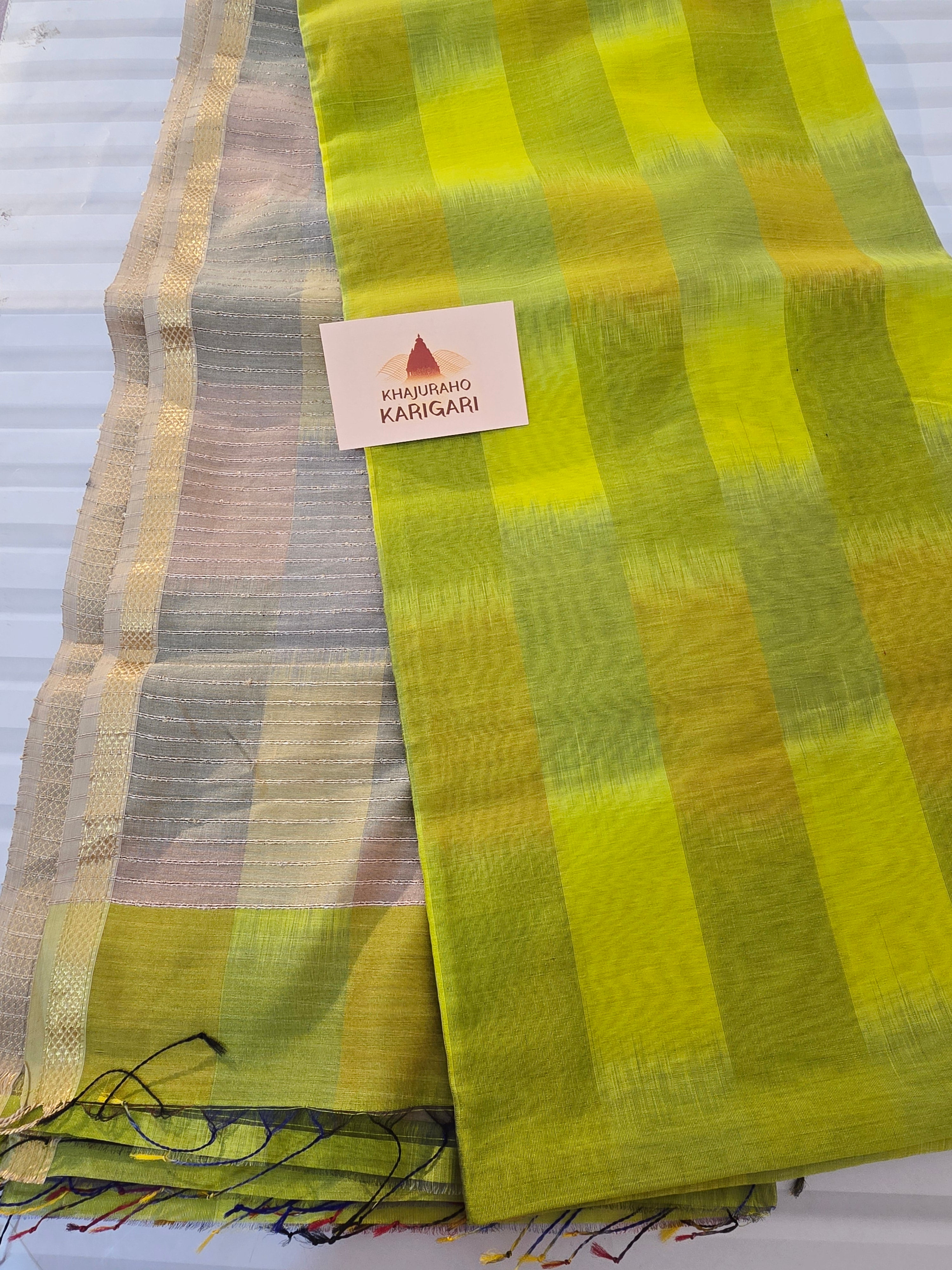 Pure Handwoven Maheshwari Saree with Ghicha Pallu and Blouse - Neon Green