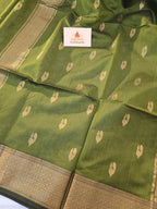 Olive Handwoven Maheshwari Saree with Peacock Zari Motifs