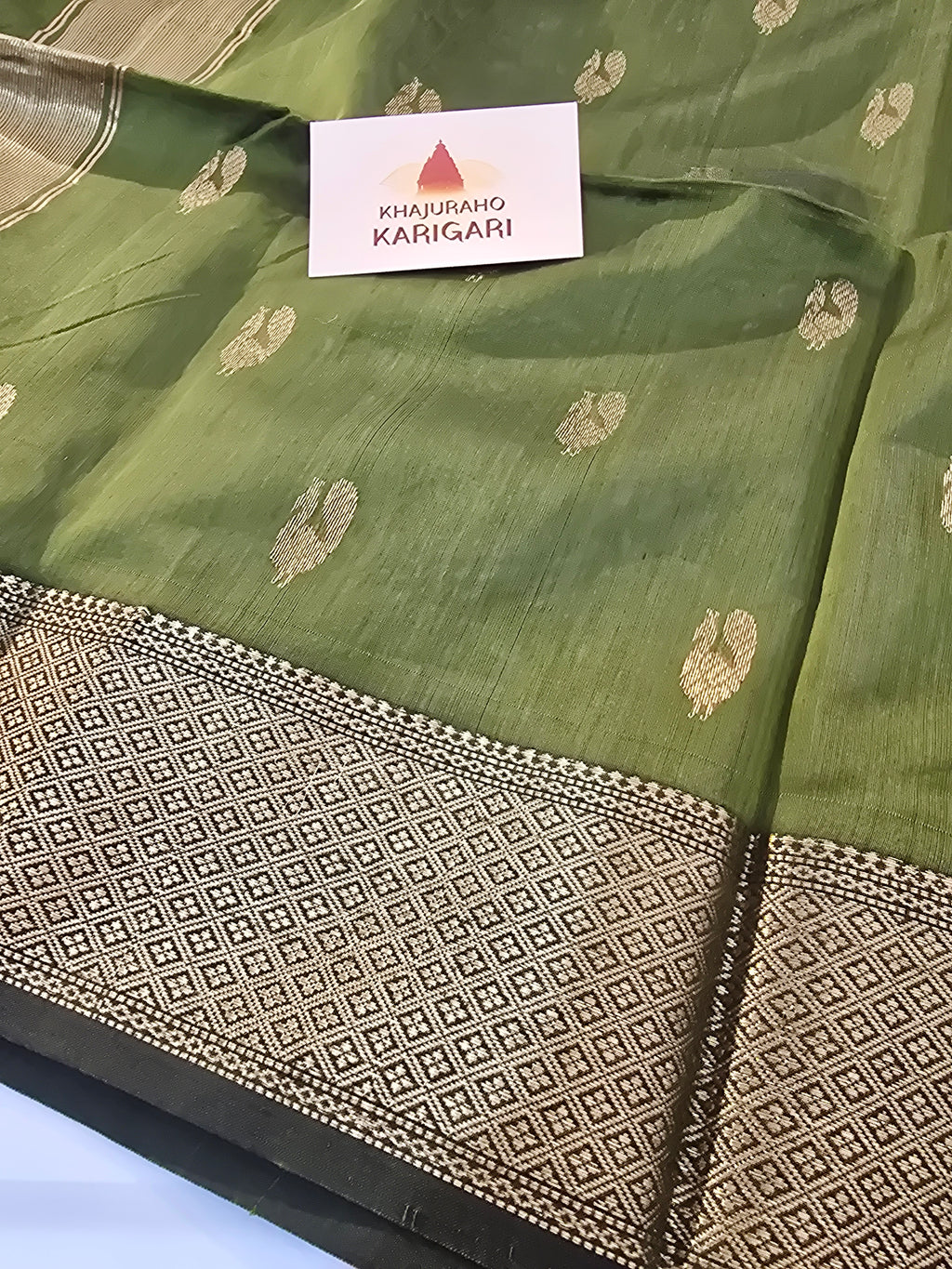 Olive Handwoven Maheshwari Saree with Peacock Zari Motifs