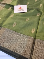 Olive Handwoven Maheshwari Saree with Peacock Zari Motifs