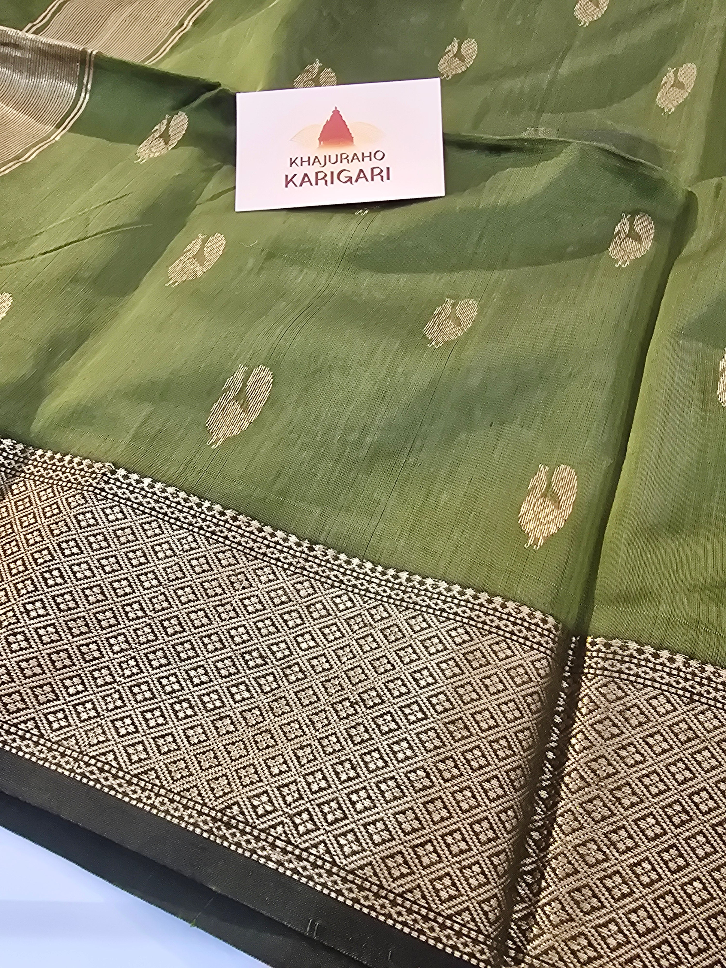 Olive Handwoven Maheshwari Saree with Peacock Zari Motifs