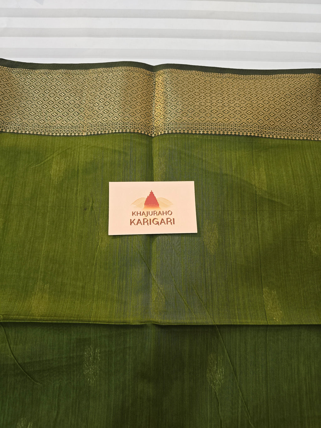 Olive Handwoven Maheshwari Saree with Peacock Zari Motifs