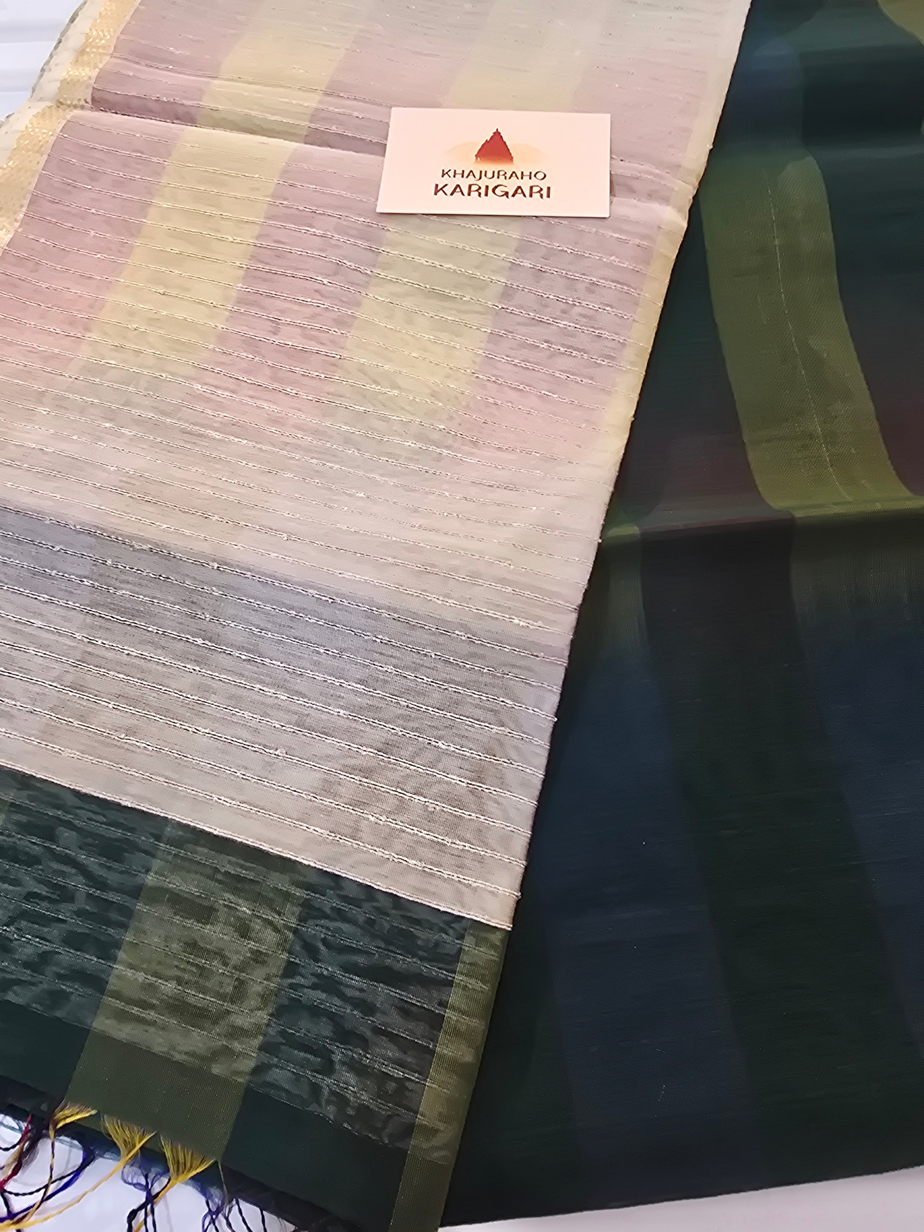 Pure Handwoven Maheshwari Saree with Ghicha Pallu – Shaded Green