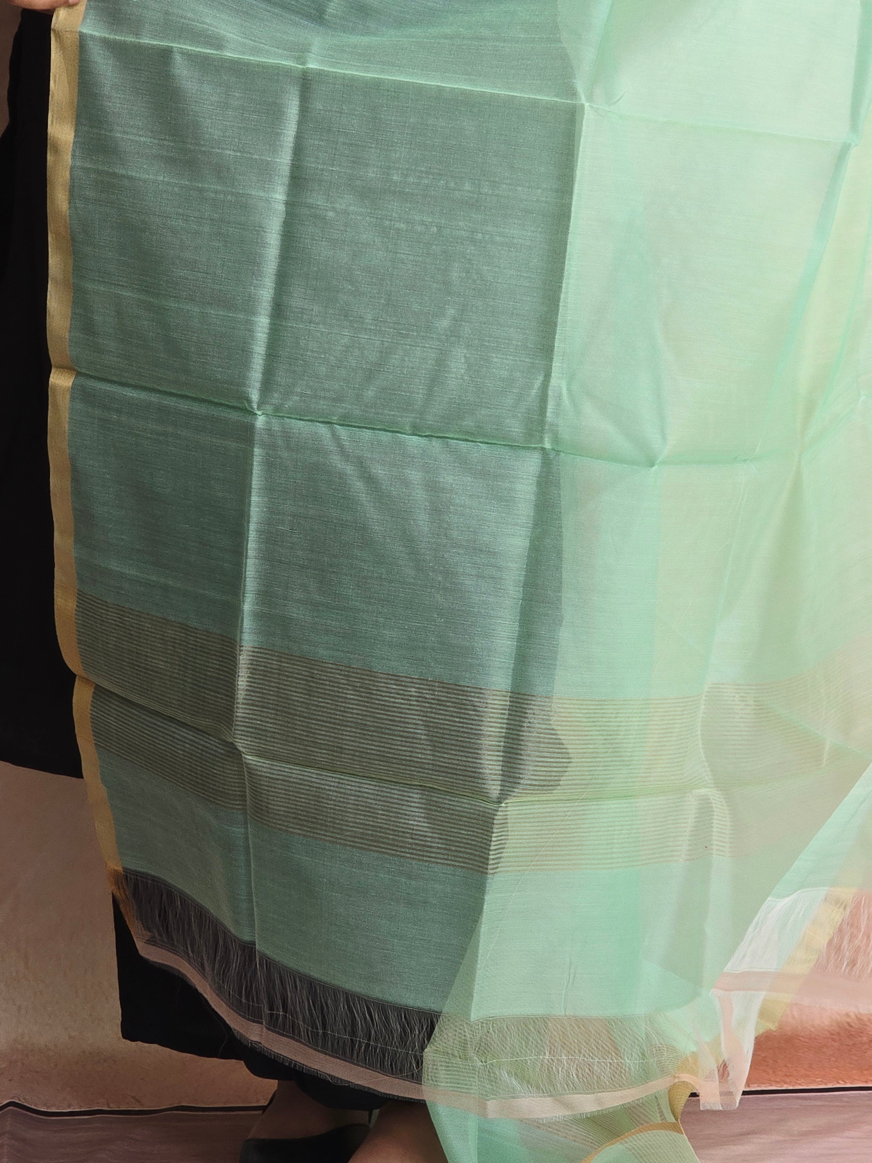 Handwoven Chanderi Silk-Cotton Dupatta with Zari Border - Green