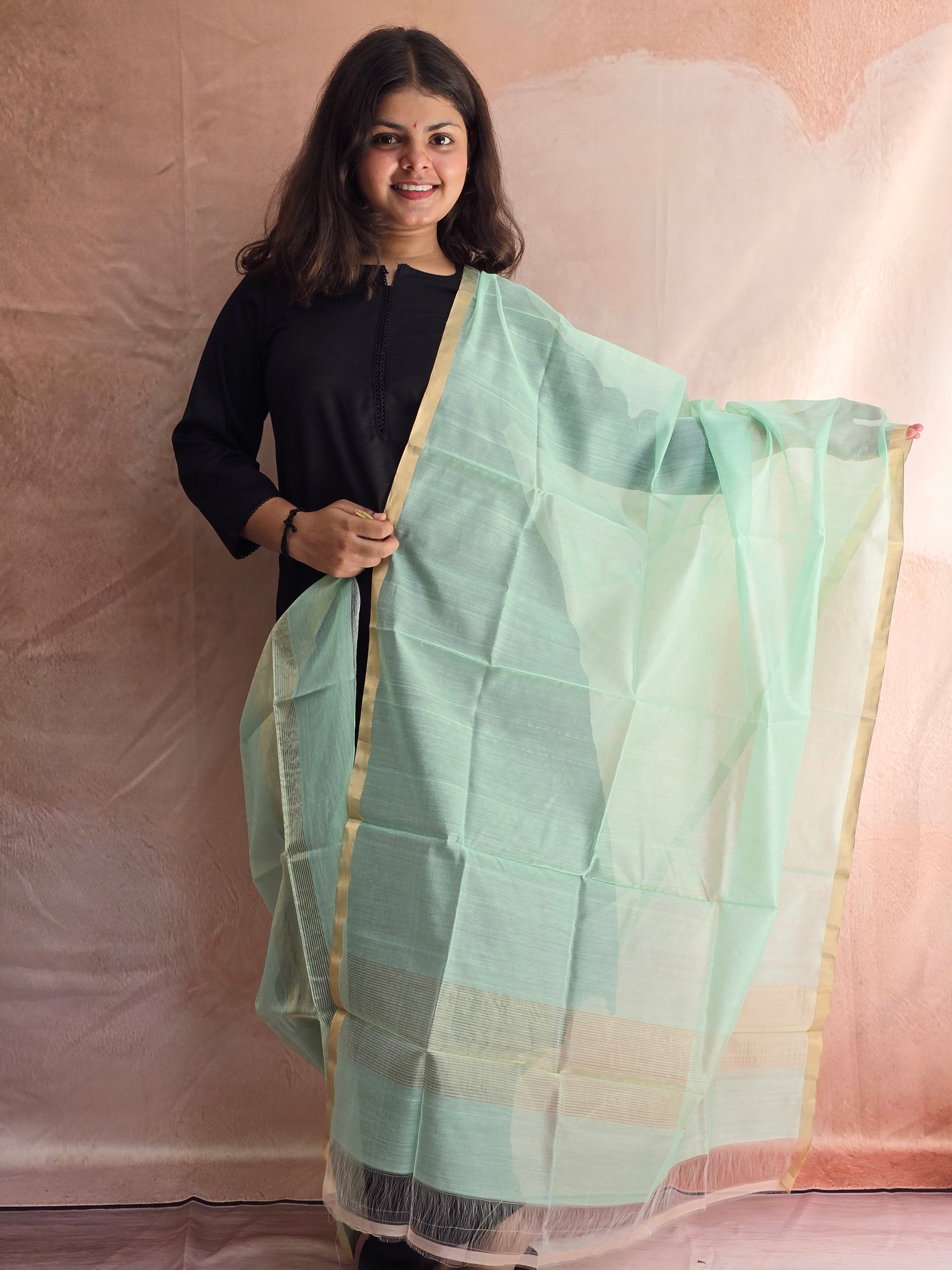 Handwoven Chanderi Silk-Cotton Dupatta with Zari Border - Green