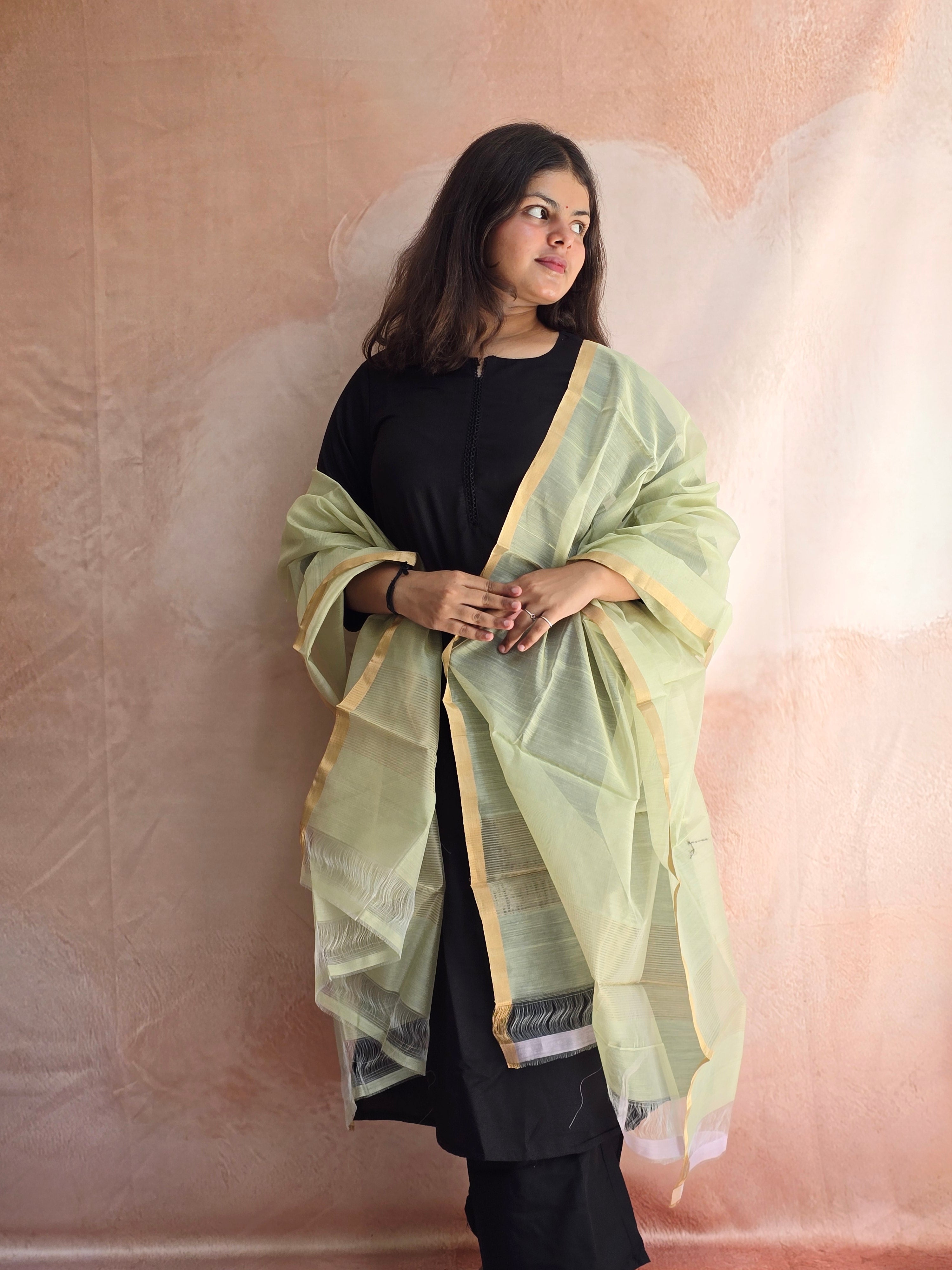 Handwoven Chanderi Silk-Cotton Dupatta with Zari Border - Pista Green
