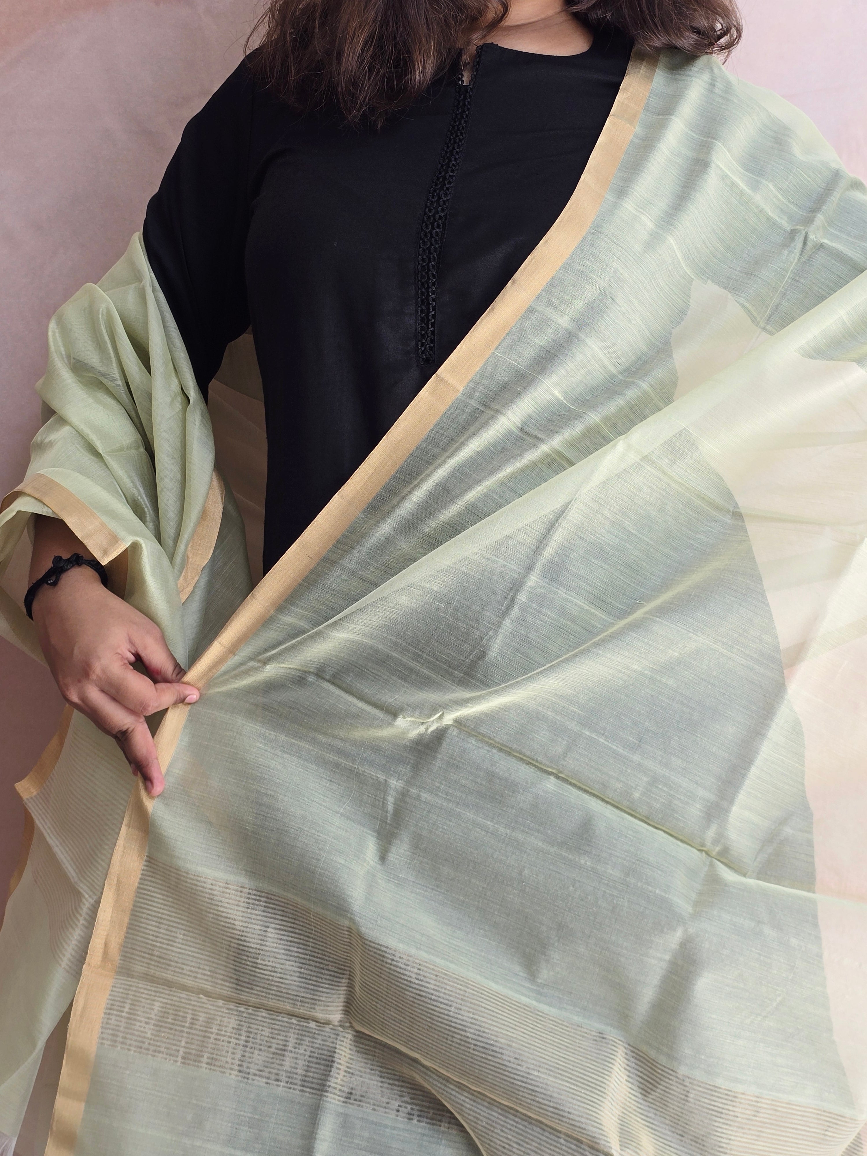 Handwoven Chanderi Silk-Cotton Dupatta with Zari Border - Pista Green