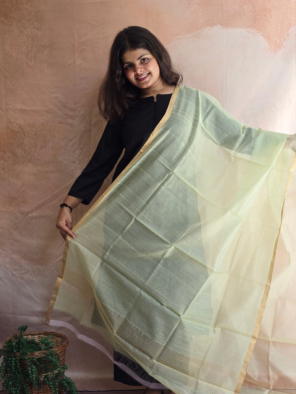 Handwoven Chanderi Silk-Cotton Dupatta with Zari Border - Pista Green