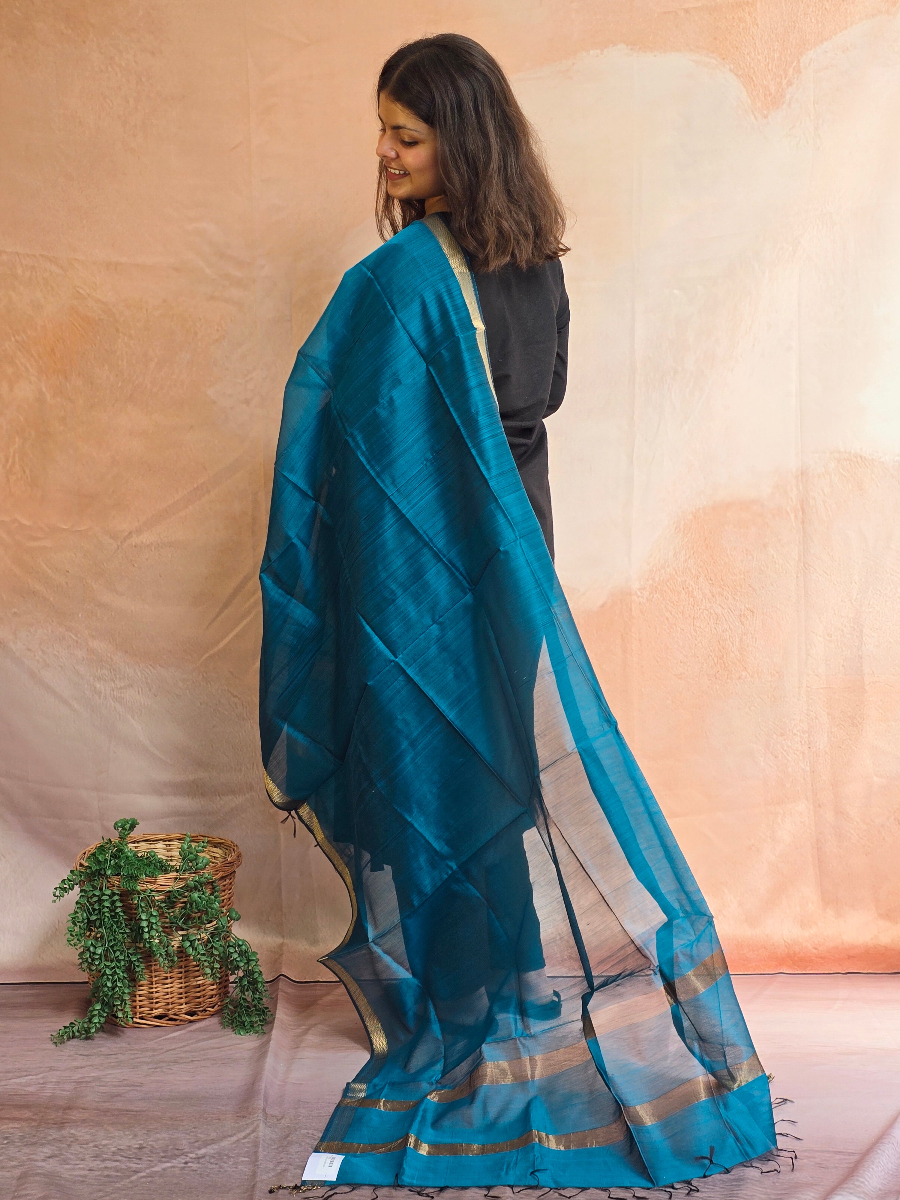 Handwoven Maheshwari Silk-Cotton Dupatta with Zari Border - Blue
