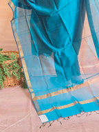 Handwoven Maheshwari Silk-Cotton Dupatta with Zari Border - Blue
