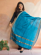 Handwoven Maheshwari Silk-Cotton Dupatta with Zari Border - Blue