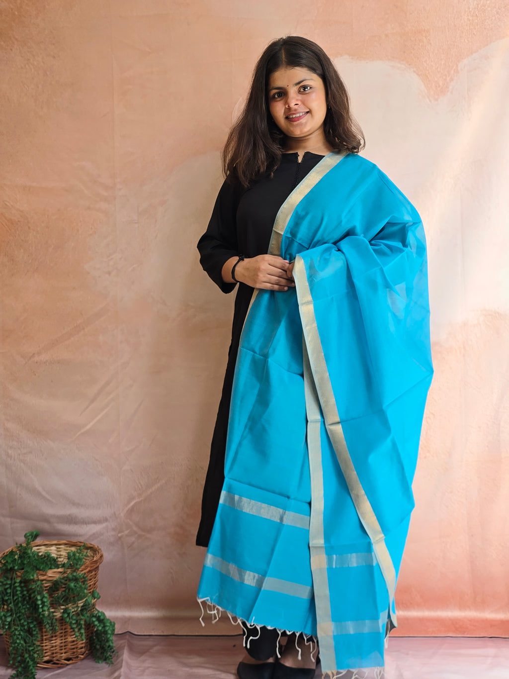 Handwoven Maheshwari Silk-Cotton Dupatta with Zari Border - Light Blue