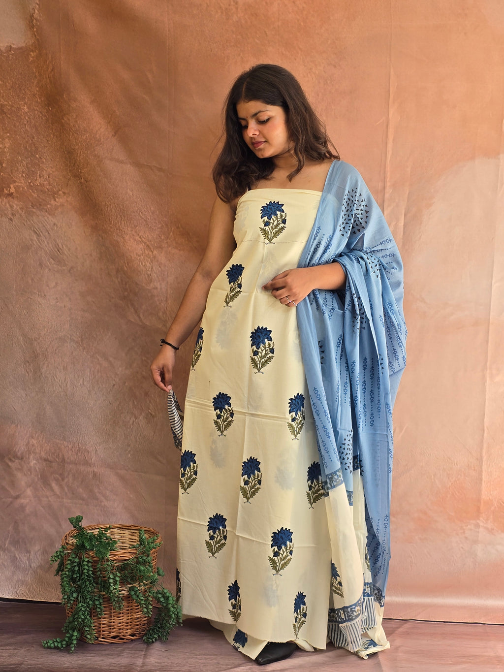 Hand block Printed Mul Cotton Dress Material - Floral