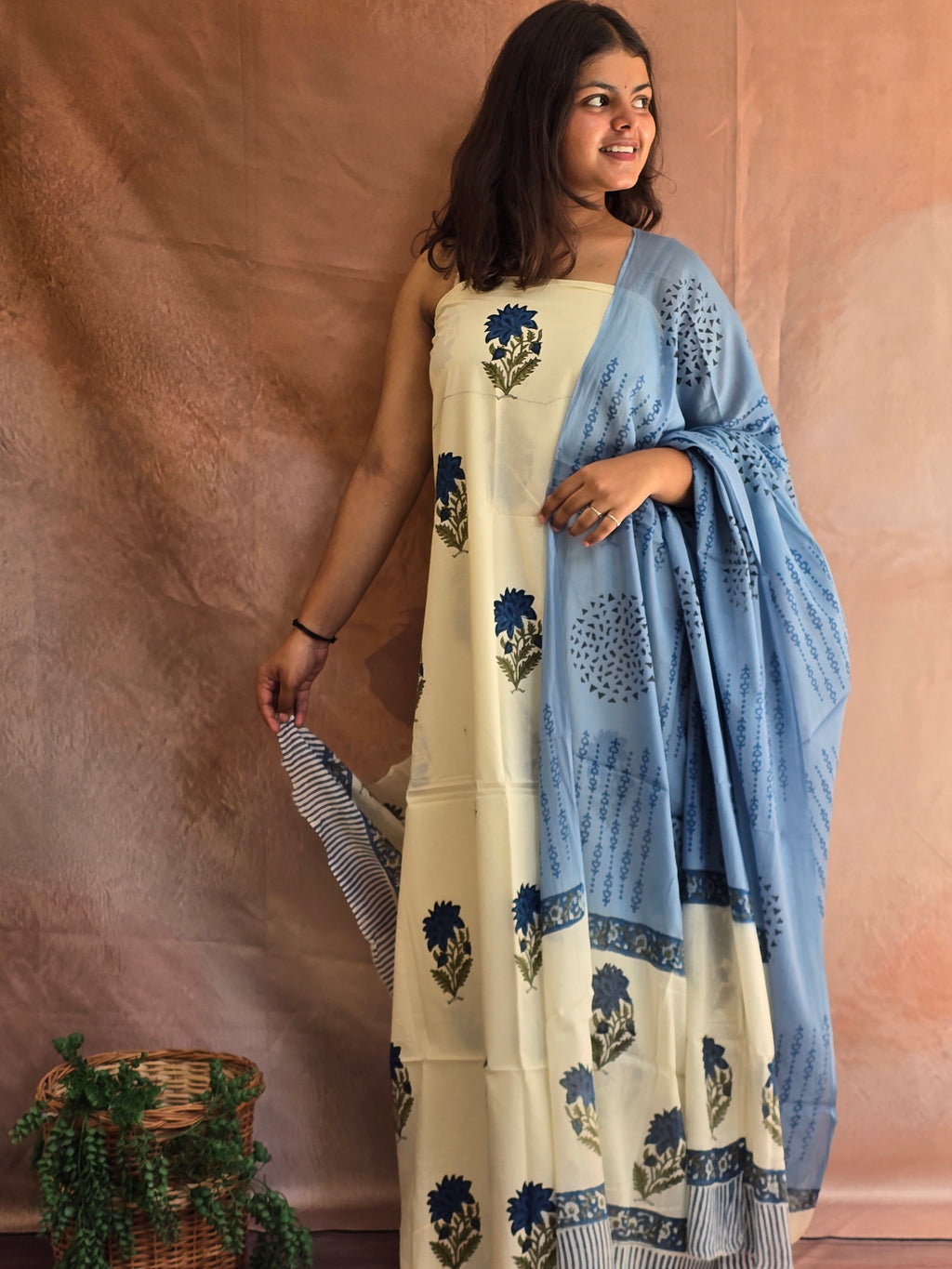 Hand block Printed Mul Cotton Dress Material - Floral