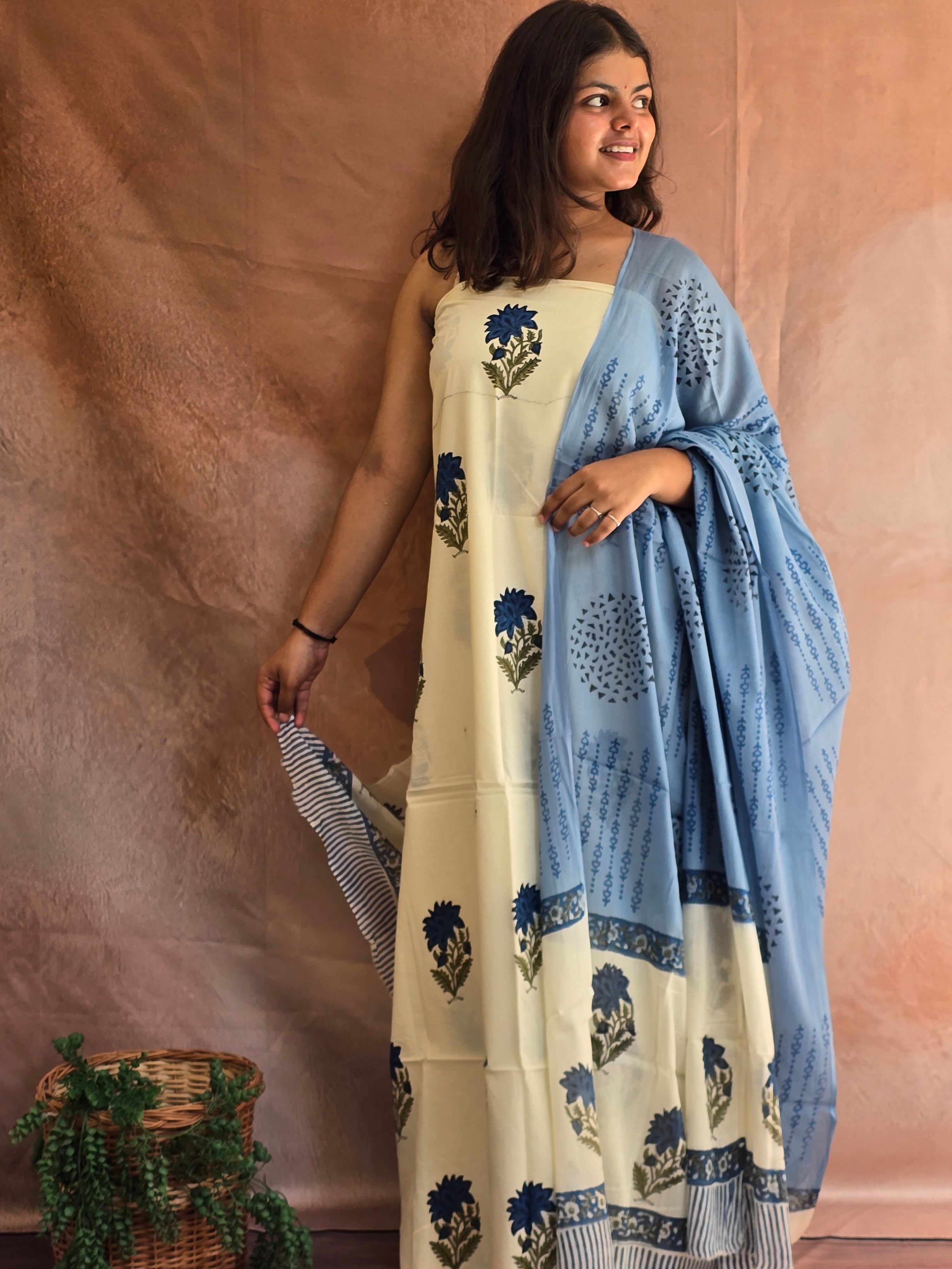 Hand block Printed Mul Cotton Dress Material - Floral
