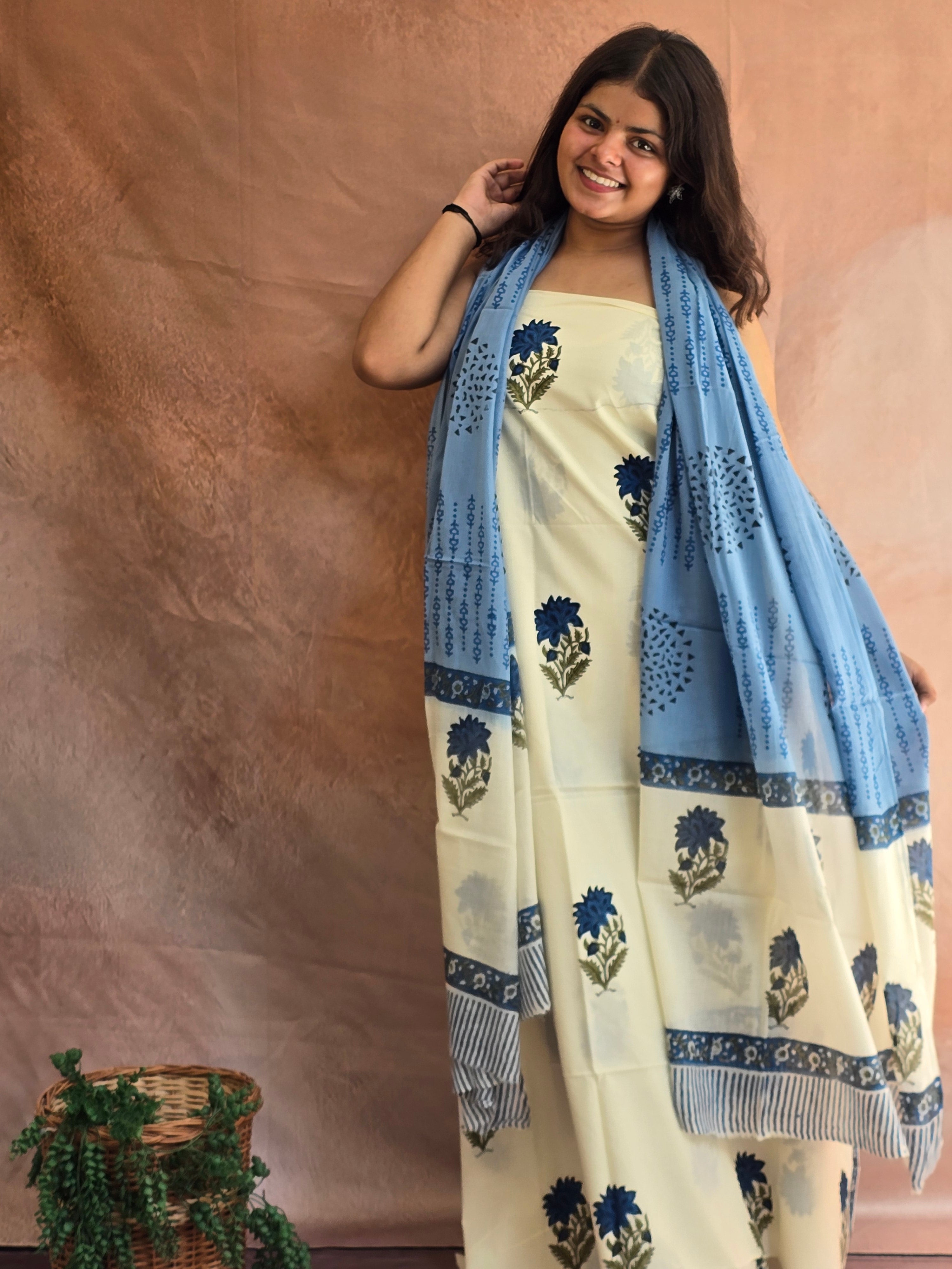 Hand block Printed Mul Cotton Dress Material - Floral