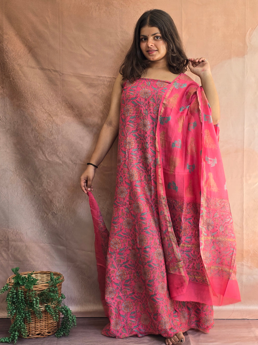 Handblock Printed Chanderi Dress Material Set - Dark Pink