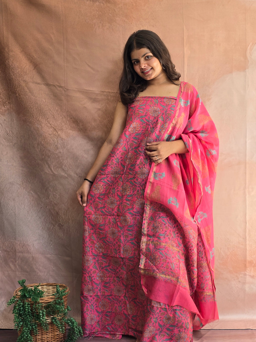 Handblock Printed Chanderi Dress Material Set - Dark Pink