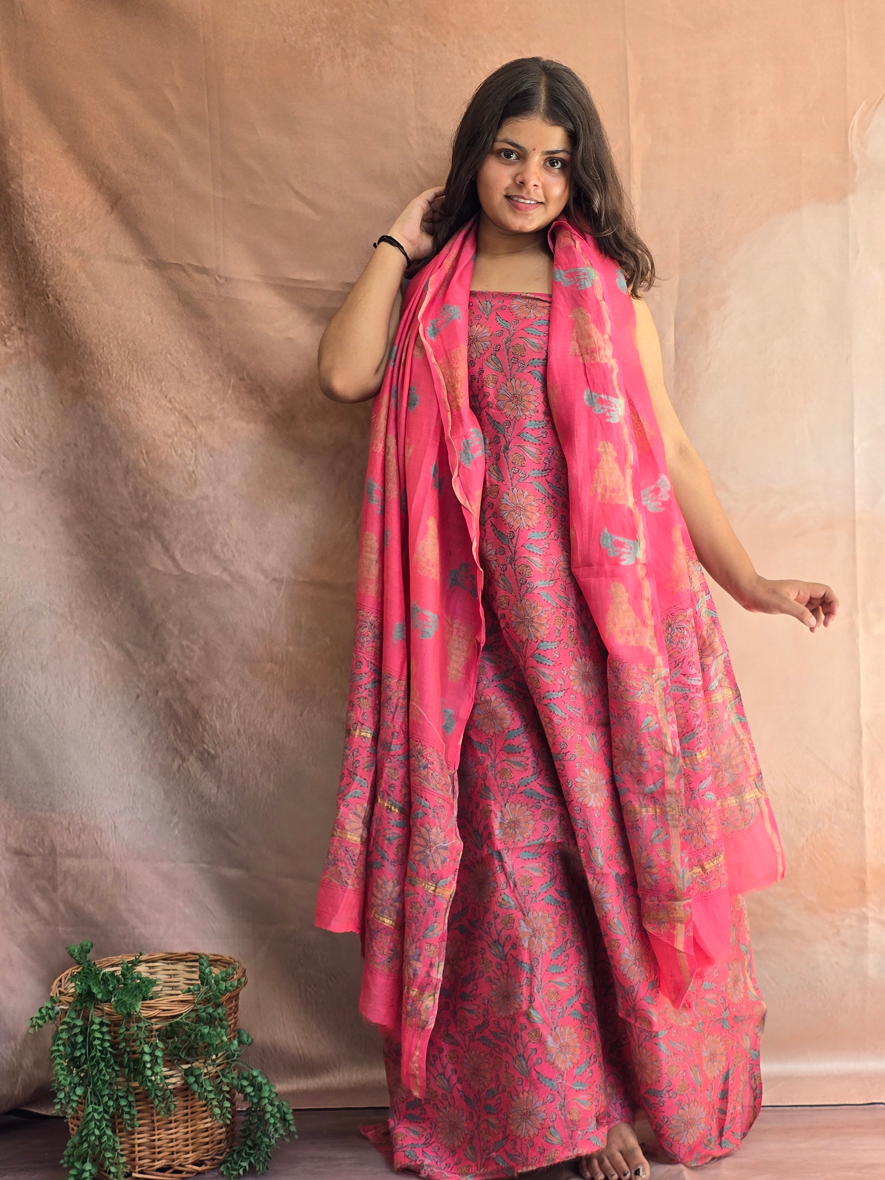Handblock Printed Chanderi Dress Material Set - Dark Pink