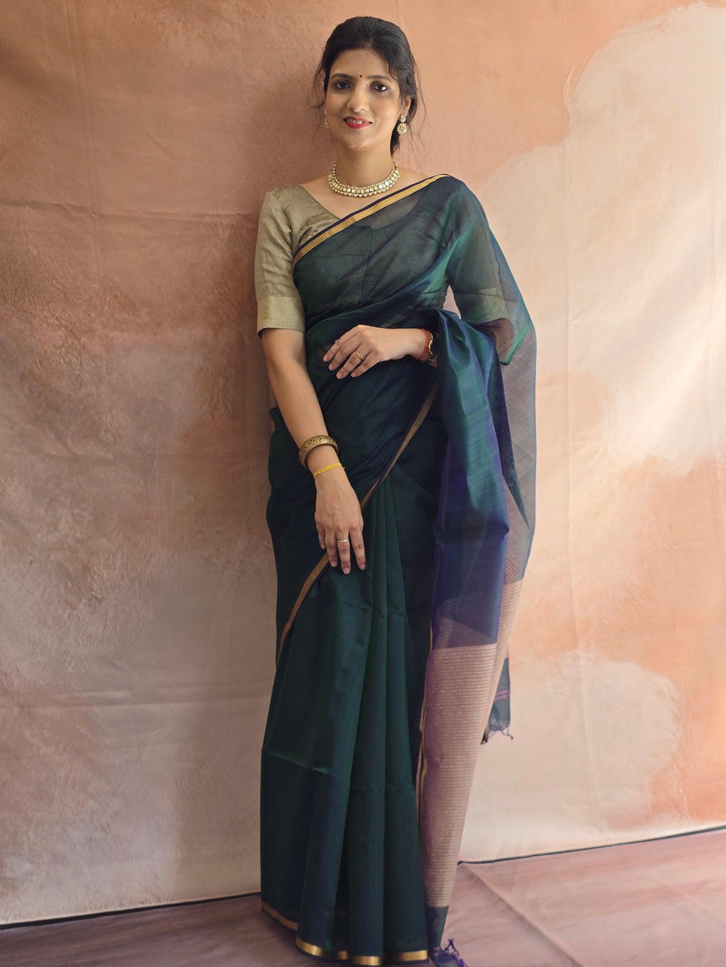 Pure Maheshwari Silk Cotton Saree with Ghicha Pallu – Peacock Blue