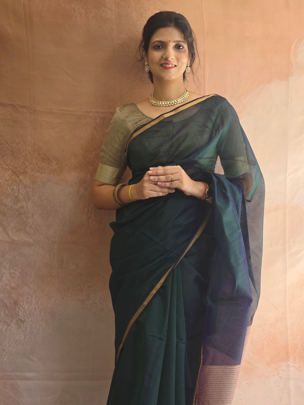 Pure Maheshwari Silk Cotton Saree with Ghicha Pallu – Peacock Blue