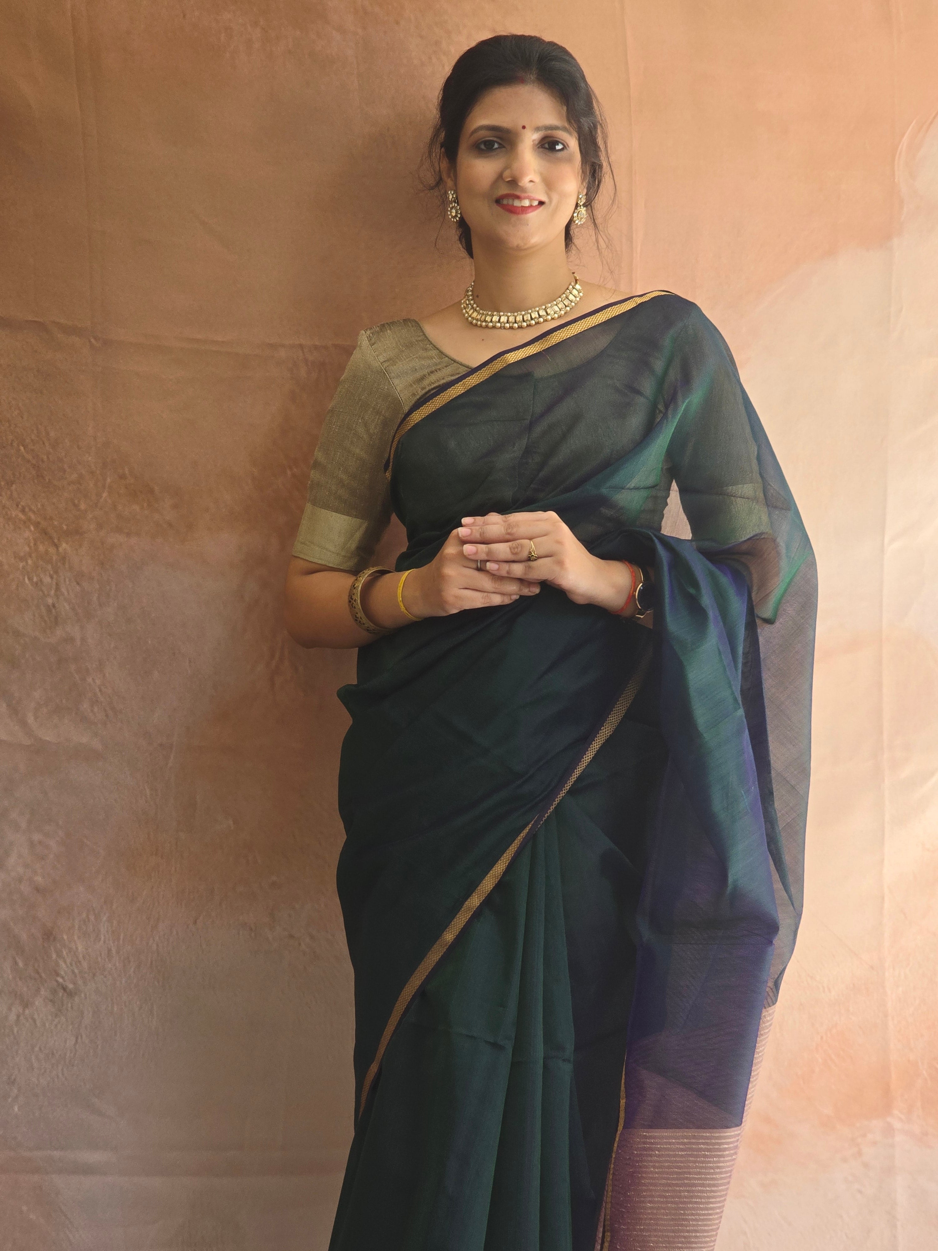 Pure Maheshwari Silk Cotton Saree with Ghicha Pallu – Peacock Blue