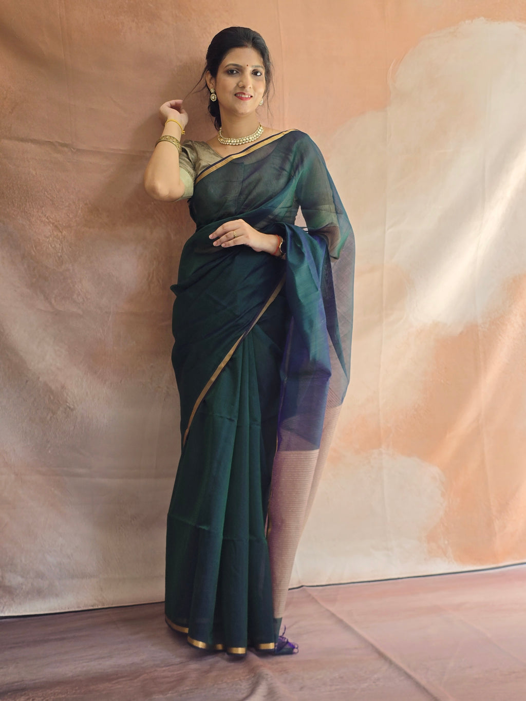 Pure Maheshwari Silk Cotton Saree with Ghicha Pallu – Peacock Blue
