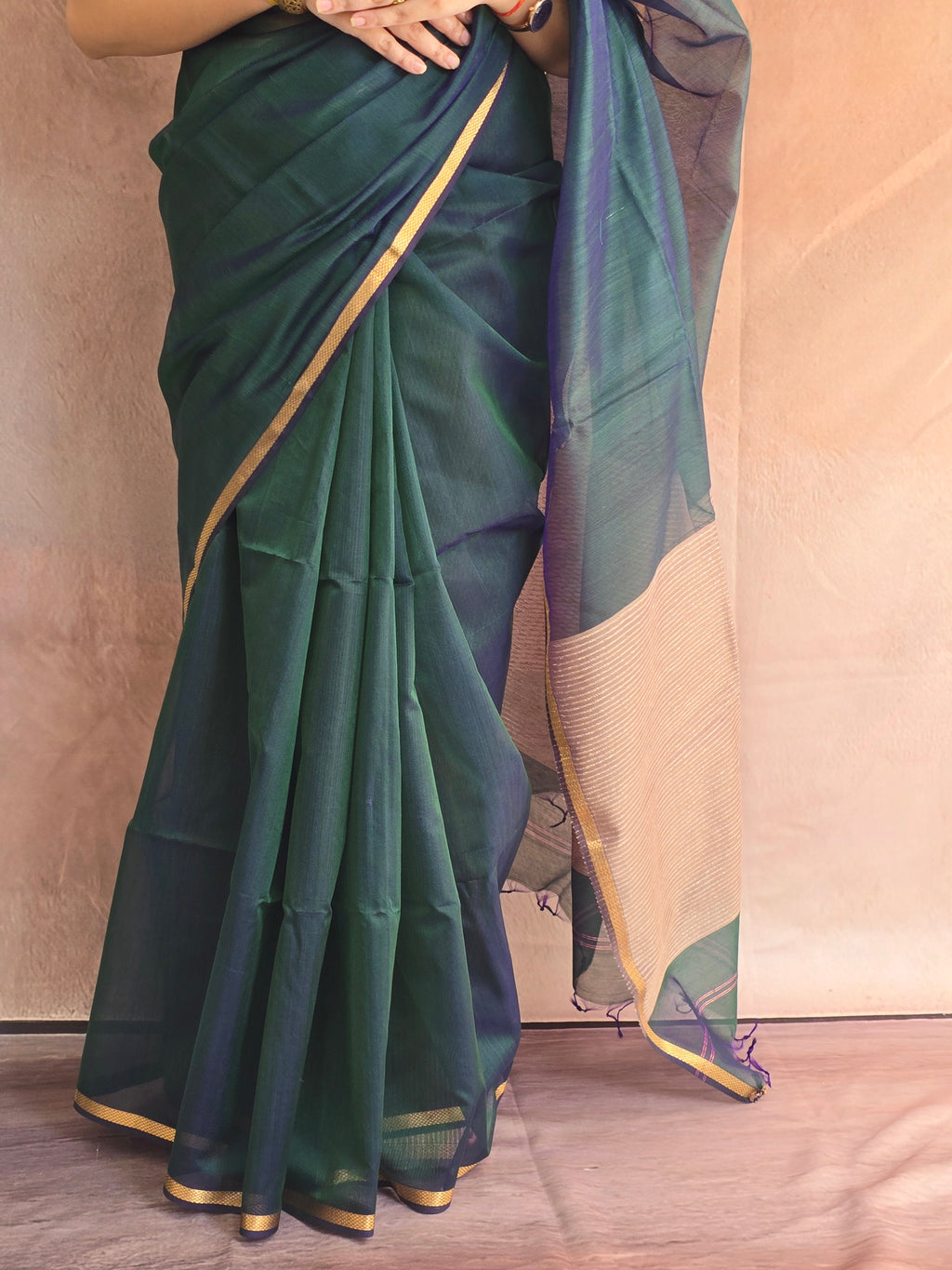 Pure Maheshwari Silk Cotton Saree with Ghicha Pallu – Peacock Blue