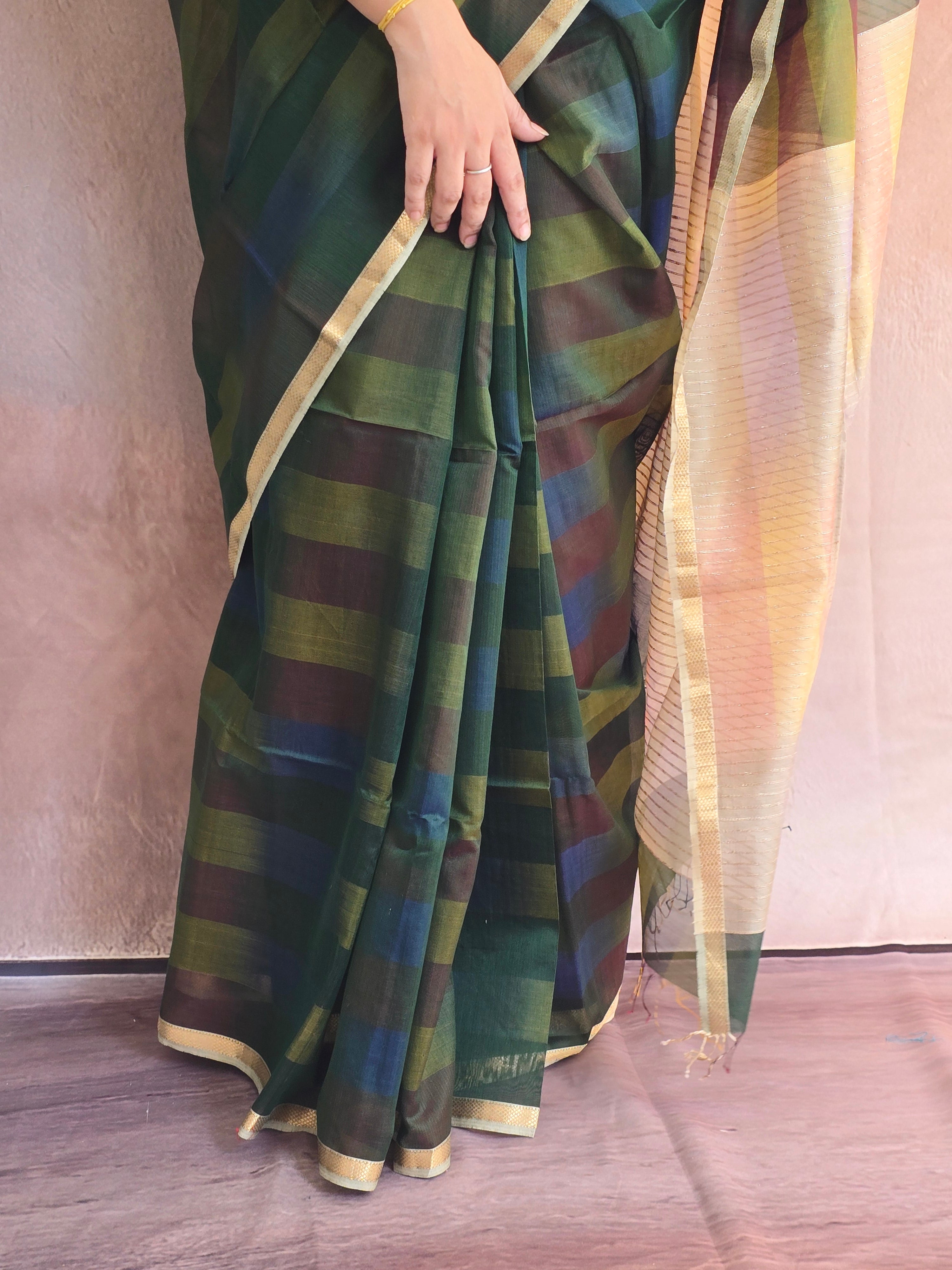 Pure Handwoven Maheshwari Saree with Ghicha Pallu – Shaded Green