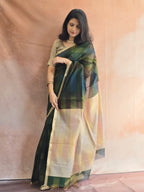 Pure Handwoven Maheshwari Saree with Ghicha Pallu – Shaded Green