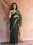 Pure Handwoven Maheshwari Saree with Ghicha Pallu – Shaded Green