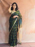 Pure Handwoven Maheshwari Saree with Ghicha Pallu – Shaded Green