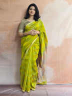 Pure Handwoven Maheshwari Saree with Ghicha Pallu and Blouse - Neon Green