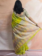 Pure Handwoven Maheshwari Saree with Ghicha Pallu and Blouse - Neon Green